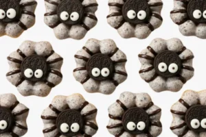 Paris Baguette Spider Mochi Donut with a chocolate sandwich cookie and chocolate spider legs